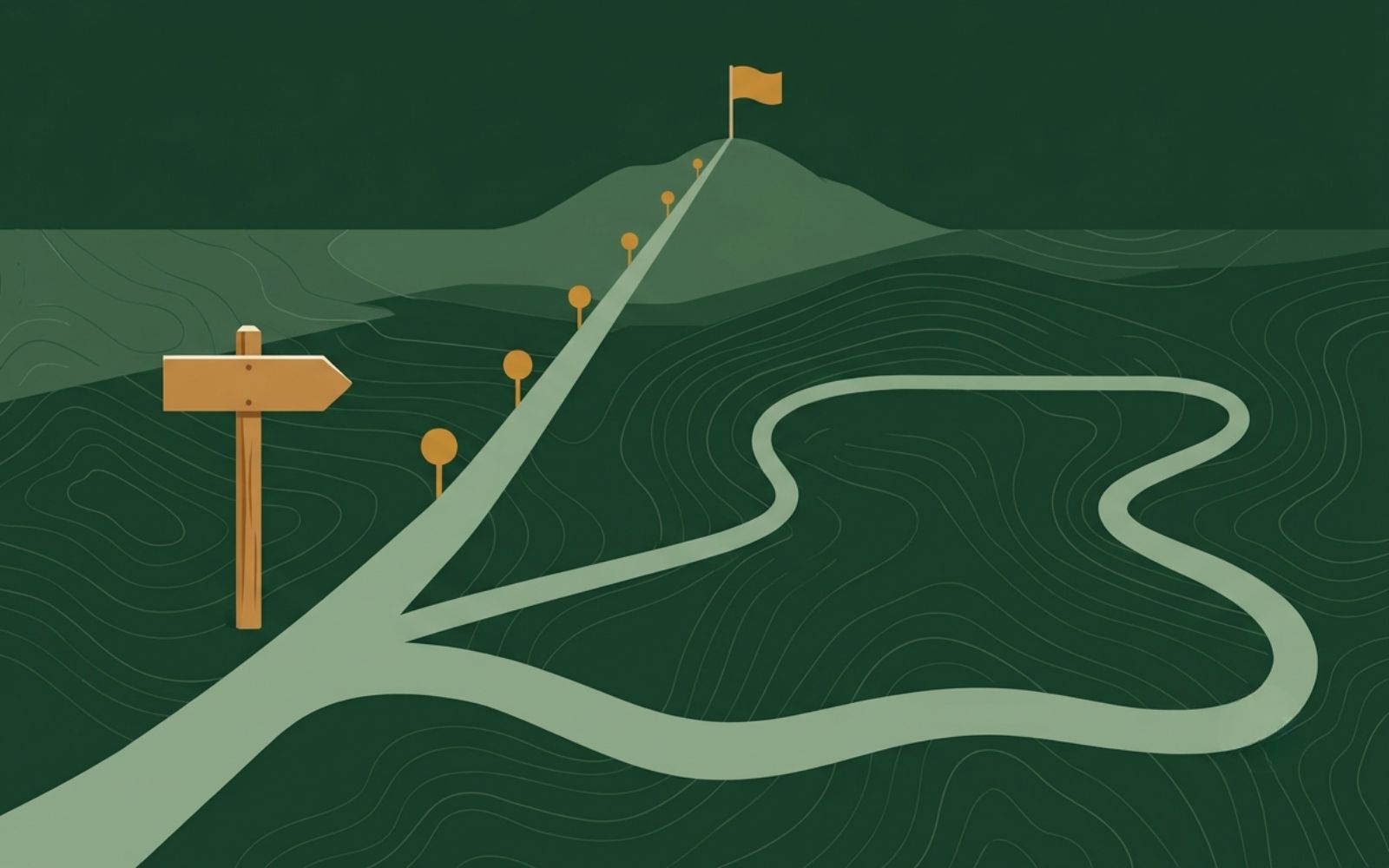 Illustration of two trail paths from a signpost: one climbing toward a checkpoint flag, one looping back on itself, representing the difference between a goal and a task