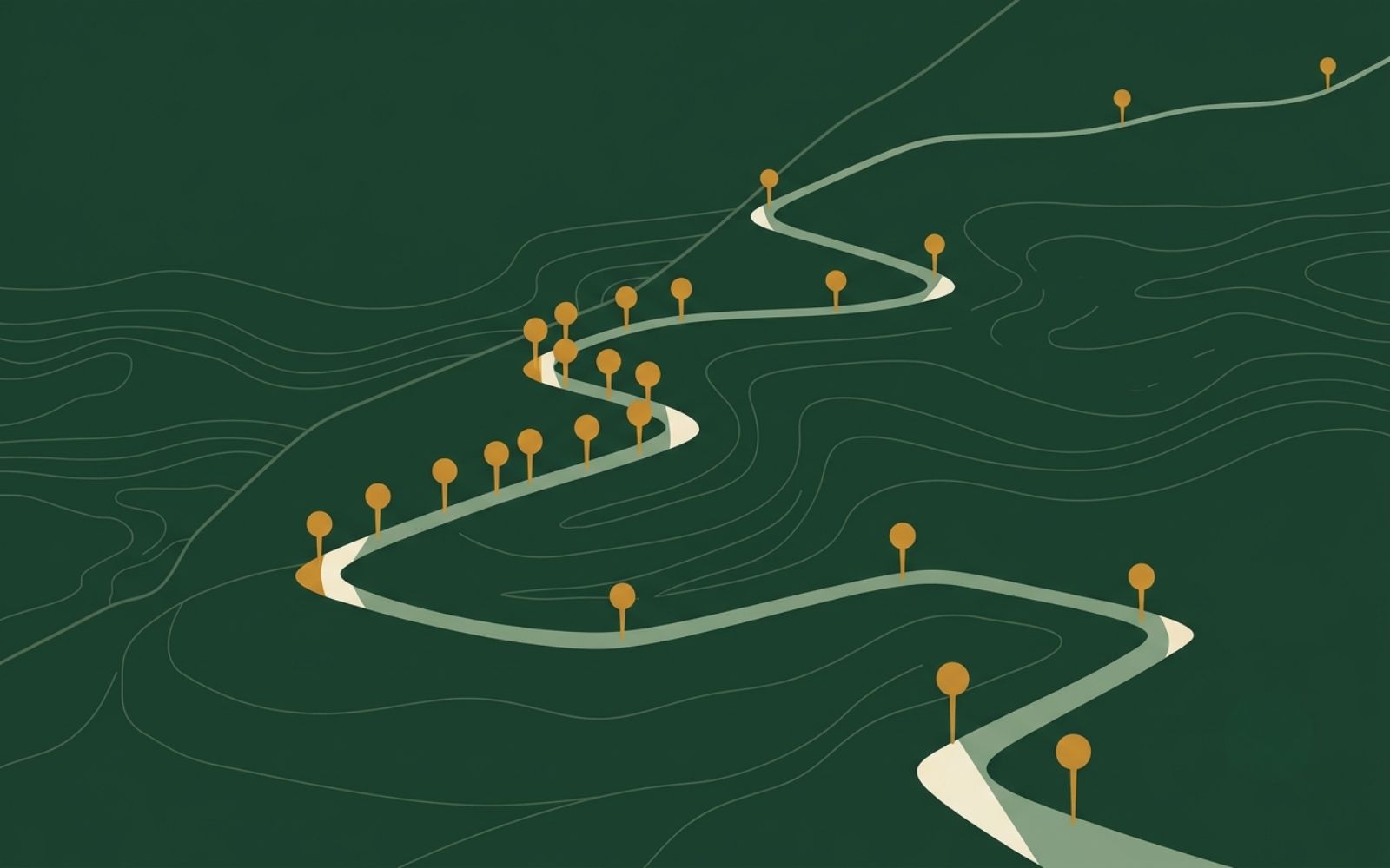 Two sections of a mountain trail showing closely-spaced checkpoints versus widely-spaced checkpoints, illustrating different goal-tracking rhythms